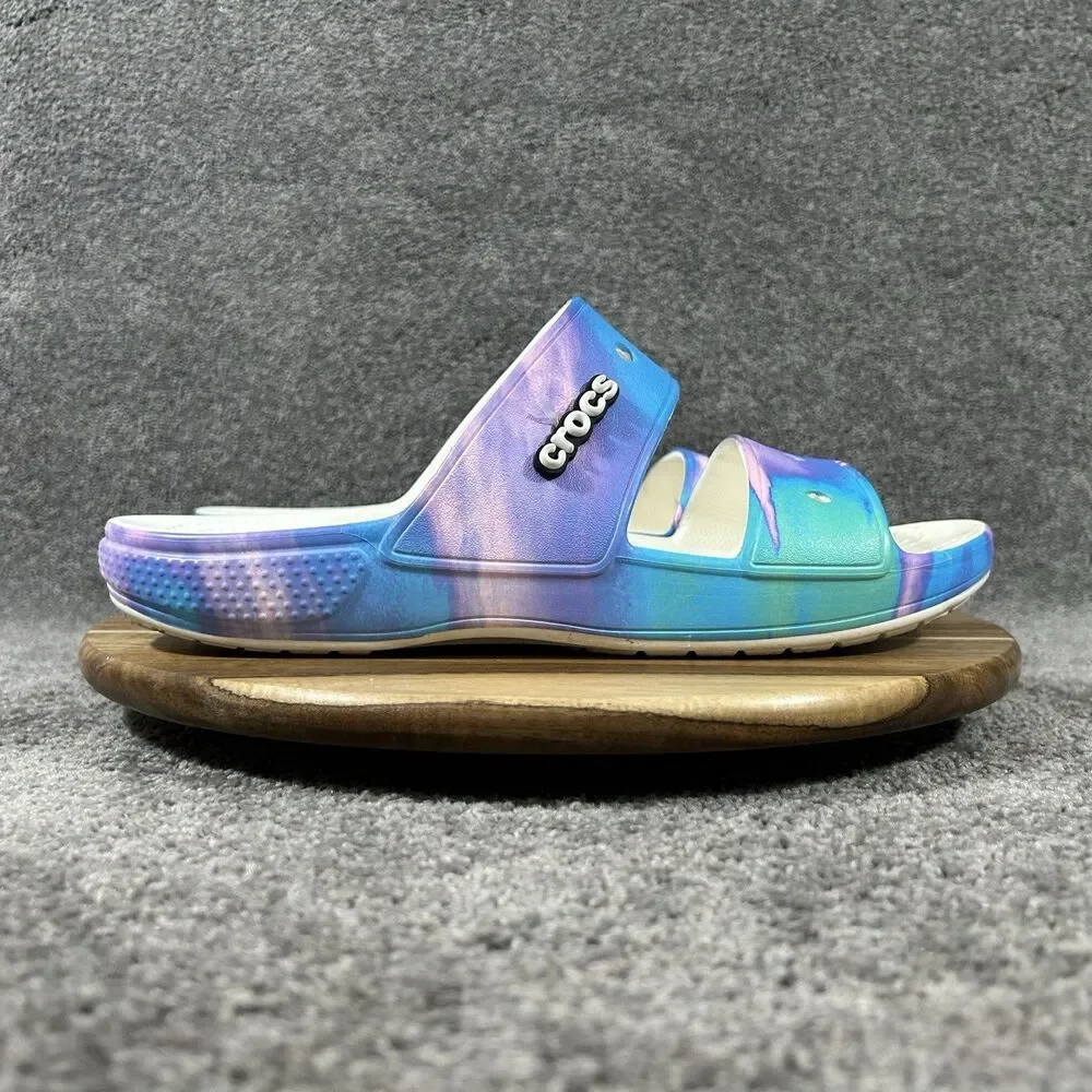 Crocs Classic Out of This World Mens Size 11 Blue Purple Tie Dye Slip On Sandals